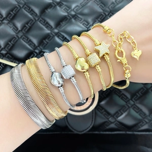 Copper Gold Plated Snake Chain Bracelet Heart Star Pendants Cubic Zirconia Fashion Jewelry For Women