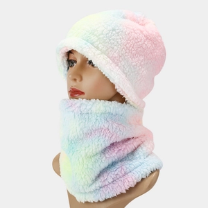 Detailed view of colorful tie-dye fleece beanie hat and neck warmer set for winter warmth