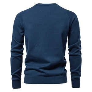Navy blue men's crewneck cotton knit sweater showing back silhouette on white background