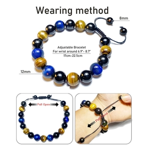 Bracelet tressé ajustable avec perles d'œil de tigre bleu et d'obsidienne de 12mm