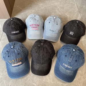 Collection of washed denim baseball caps with vintage letter embroidery in various colors