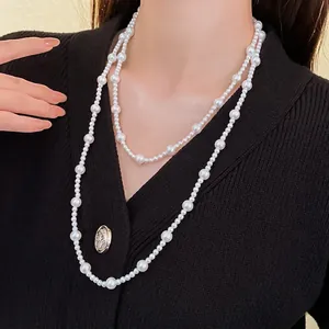 French Vintage Long Imitation Artificial Pearl Necklace For Women Elegant Multi Layer Style Sweater Chain Jewelry