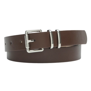 Minimalist dark brown leather belt with polished silver pin buckle for jeans