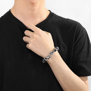 Bracelet tête de mort en acier inoxydable punk pour homme avec finition argent antique