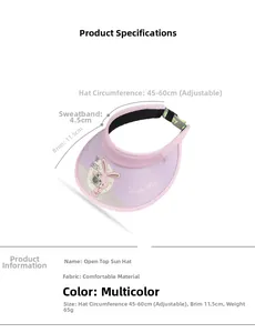 Detailed size specifications for pink cartoon sun visor with 11.5cm brim measurements