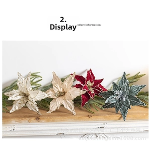 Detail of red and gold glitter velvet poinsettia flowers for Christmas tree decoration