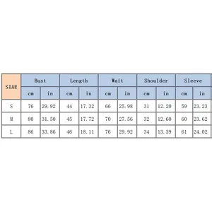 Size chart detail for long sleeve slim fit square neck crop top with measurements
