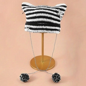Berretto In Maglia Punk A Righe Unisex Con Orecchie Da Gatto Diavolo Spille Croce In Metallo Pom Pom Gothic Harajuku Y2K Caldo Berretto