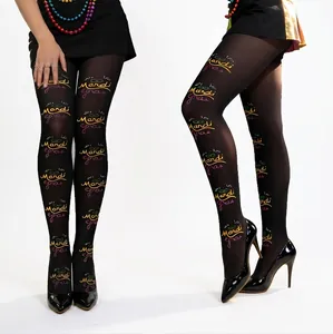 Mardi Gras Bedruckte Strumpfhose Schwarz Halbdurchsichtig Buchstaben Maskenmuster Tights Für Frauen Karneval Party Festival Sexy Strümpfe