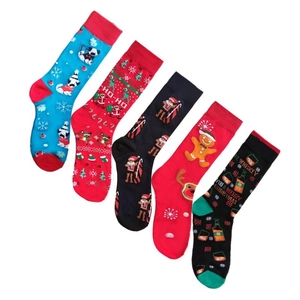 Five pairs of Christmas cotton socks with dog and whiskey holiday themed patterns