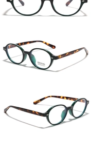 Detailed views of oval retro blue light blocking glasses with tortoiseshell temples