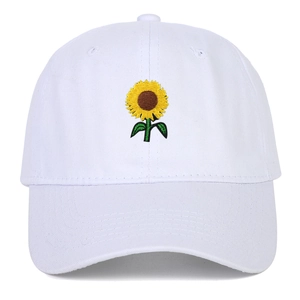 White cotton baseball cap with sunflower embroidery for outdoor sun protection
