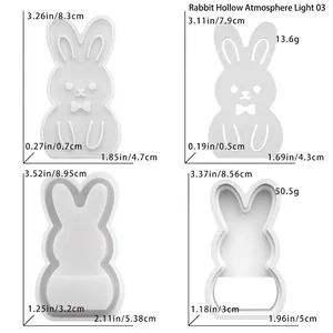 Detailed size chart for rabbit silicone molds showing dimensions for 3D epoxy resin crafts