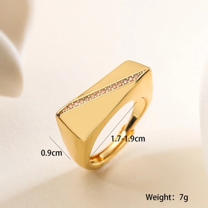 Macro view of 18K gold plated ring with square cubic zirconia and size dimensions