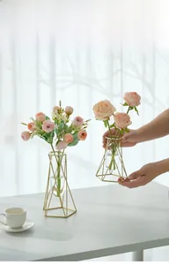 Macro view of geometric gold metal frame with glass tube for floral arrangements