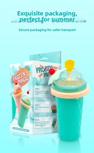 Detail of mint green slushy maker cup with textured silicone and its instructional packaging