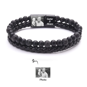 Detail of magnetic clasp with custom photo and text on double-layer beaded leather bracelet