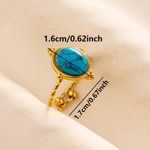 Detail of adjustable gold ring featuring an oval turquoise stone and size dimensions
