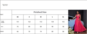 Guide des tailles pour robe longue en mousseline détaillant longueur, buste et taille