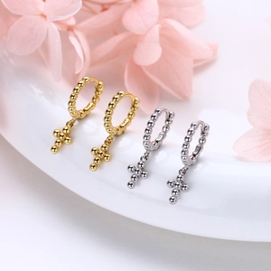 S925 sterling silver beaded cross hoop earrings in gold and silver luxury finish