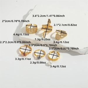 7-piece 14K gold plated snake and pearl ring set with detailed size and weight specs