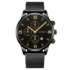 Luxury Men Quartz Watch Alloy Case Stainless Steel Mesh Band Roman Numerals Decorative Sub Dials Calendar Casual Wristwatch