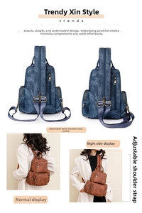 Detail showing versatile zip-convertible straps on vintage blue and brown PU backpacks