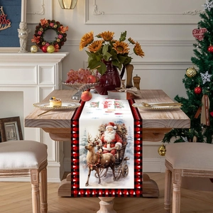 Christmas table runner with Santa sleigh print and red black buffalo plaid borders