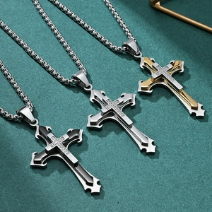 Three-layer floral stone-set cross pendant necklace in silver, gold, and black steel