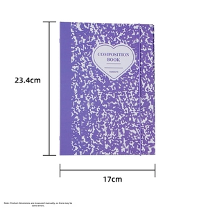 Vue détaillée du classeur A5 marbre violet avec sangle élastique et dimensions de 23,4 cm