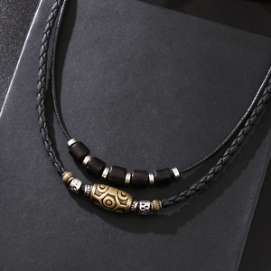 Vintage braided wax cord necklace with bronze totem beads and black beads for men