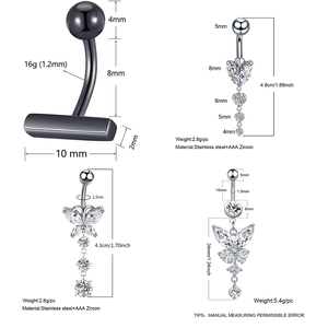 Surgical steel belly button rings set with butterfly and heart AAA zircon pendants