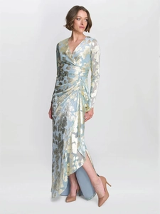 Elegant light blue long dress with gold leaf patterns and a stylish side slit design