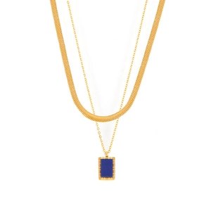 Double layer gold necklace with flat herringbone chain and blue lapis lazuli square pendant