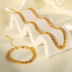 Hip hop style 18K gold plated stainless steel Cuban chain necklace and bracelet set