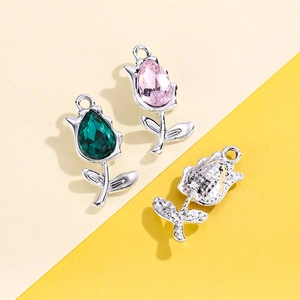 Colorful tulip pendants with pink and emerald gems for DIY jewelry making
