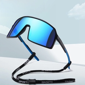 Detail of sports sunglasses with blue mirrored lens and black logo elastic neck strap