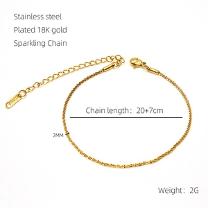 Détails de la chevillère en acier doré 18K, chaîne scintillante 2mm, longueur 20+7cm