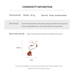 Detailed specs for ethnic wooden bead necklace featuring 110cm length and stone materials