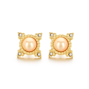 Elegant 18K gold plated square stud earrings with shell pearl and crystal accents