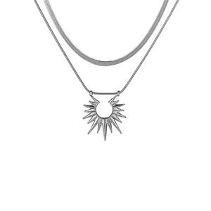 Double-layered silver sun pendant necklace with sleek snake chain for a modern look