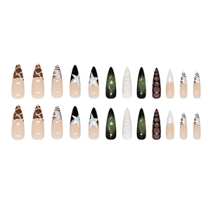 24-piece press on nails with brown giraffe and zebra animal prints, almond shape long design