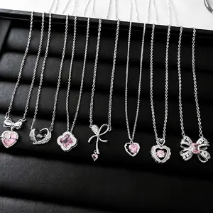 Pink Cubic Zirconia Heart Pendant Necklace Copper Bow Clavicle Chain Sweet Elegant Jewelry For Women