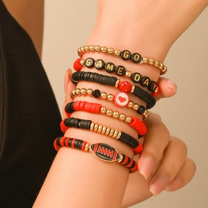 Handmade clay bead rugby bracelet set with Go and Game Day letters in red and black