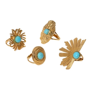 Ensemble de 4 bagues de style bohème en acier inoxydable plaqué or 18 carats et turquoise