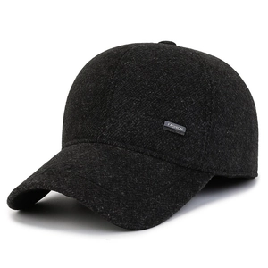 Winter wool baseball cap for men featuring warm ear flaps and metal fashion side logo