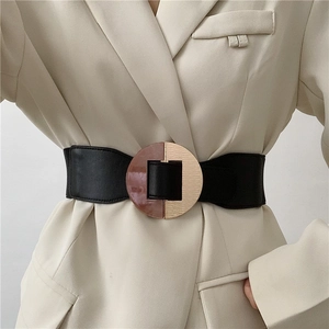 Women Wide Elastic Waist Belt Faux Leather Round Resin Alloy Buckle Vintage Corset Waist Seal Retro Dresses Accessory