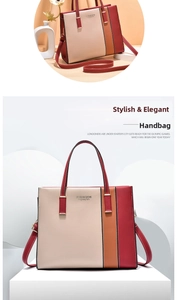 Detail of multi-color leather handbag featuring cream, brown, and wine red panels