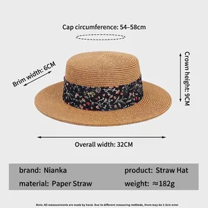 Chapeau de paille à sommet plat avec ruban floral, protection solaire pour femme