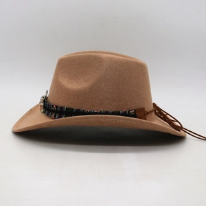 Detail view of camel felt cowboy hat with braided ethnic band and metallic ornaments